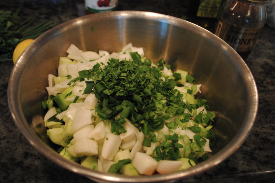 Chopped vegetables in a big bowl.