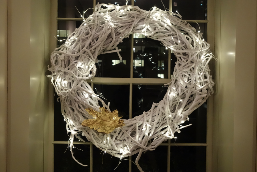 White wreath with lights.