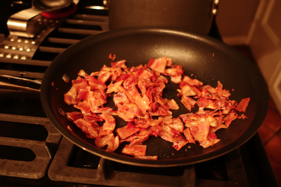 (or you can fry the bacon FIRST and then use the grease of the bacon to fry the onions...)