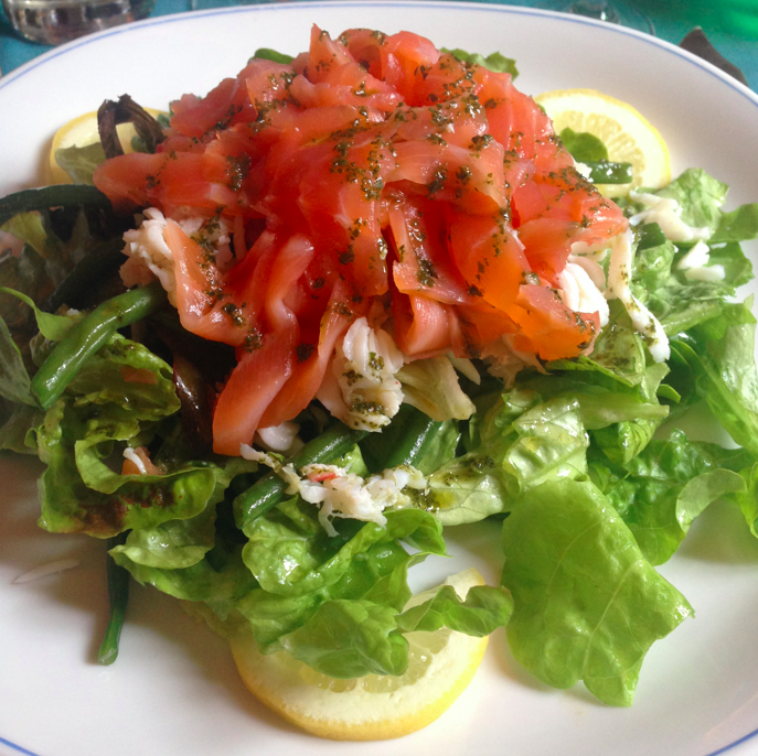 Smoked salmon *AND* crabmeat on a green salad. Refreshing, smokey, decadent. 