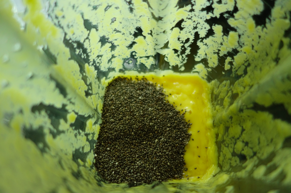 Do not blend the chia seeds with the puree -- just mix them in (I was being 'green' and didn't want to use another bowl so just mixed the seeds into the puree