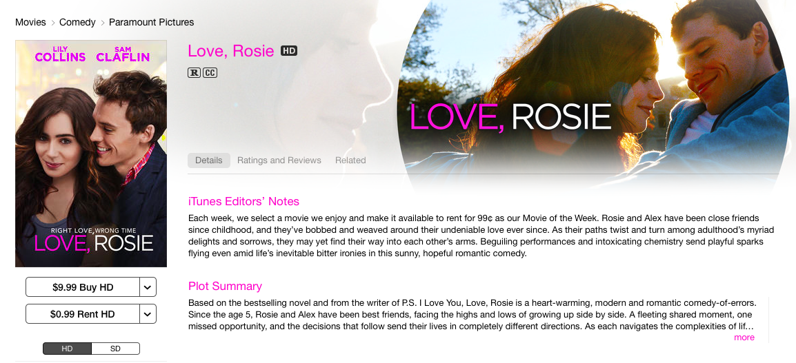 Corny, romantic, beautiful! LOVE 'Love, Rosie.' Don't pay attention to the bad reviews....
