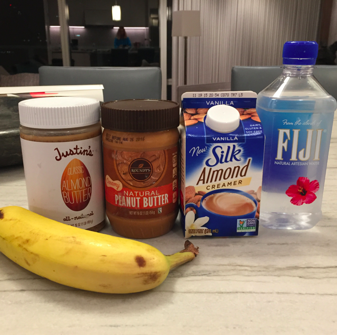 My morning of breakfast: a banana, half a jar of peanut butter, half a jar of almond butter (kind of kidding, but not really), some coffee, and a water. Breakfast of champions.