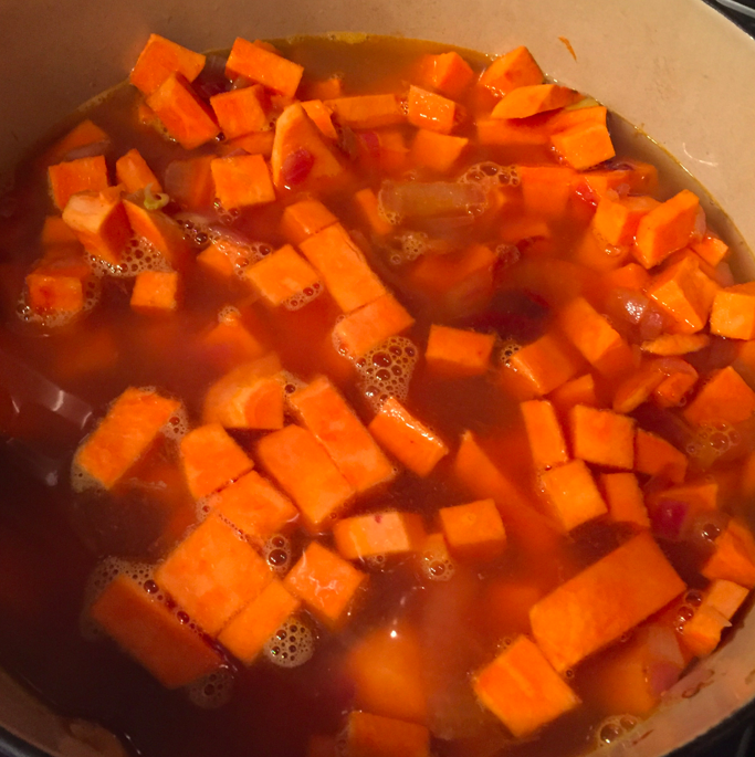 Place 6 cups of vegetable or chicken stock to pot. Let boil, then reduce the heat to simmer and cover for 30 minutes.
