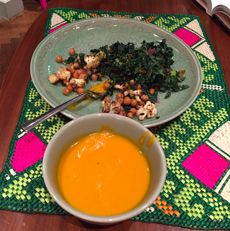 My Meatless Monday Meal: the soup, cauliflower / garbanzo dish, and kale salad. MY HEAVEN.