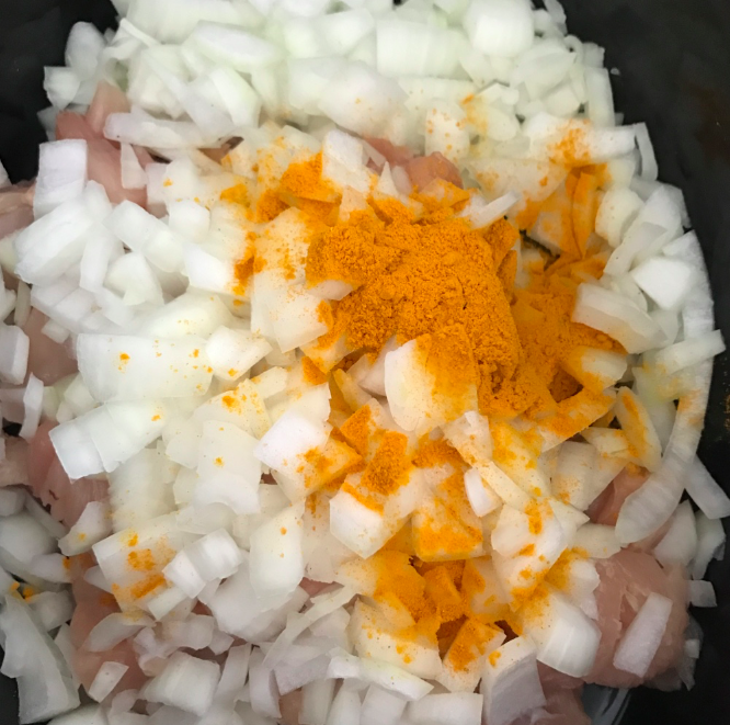 Onions and spices.
